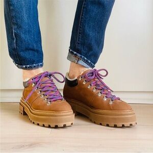 SCHUTZ Tan Lace-Up Boots with Pink Laces